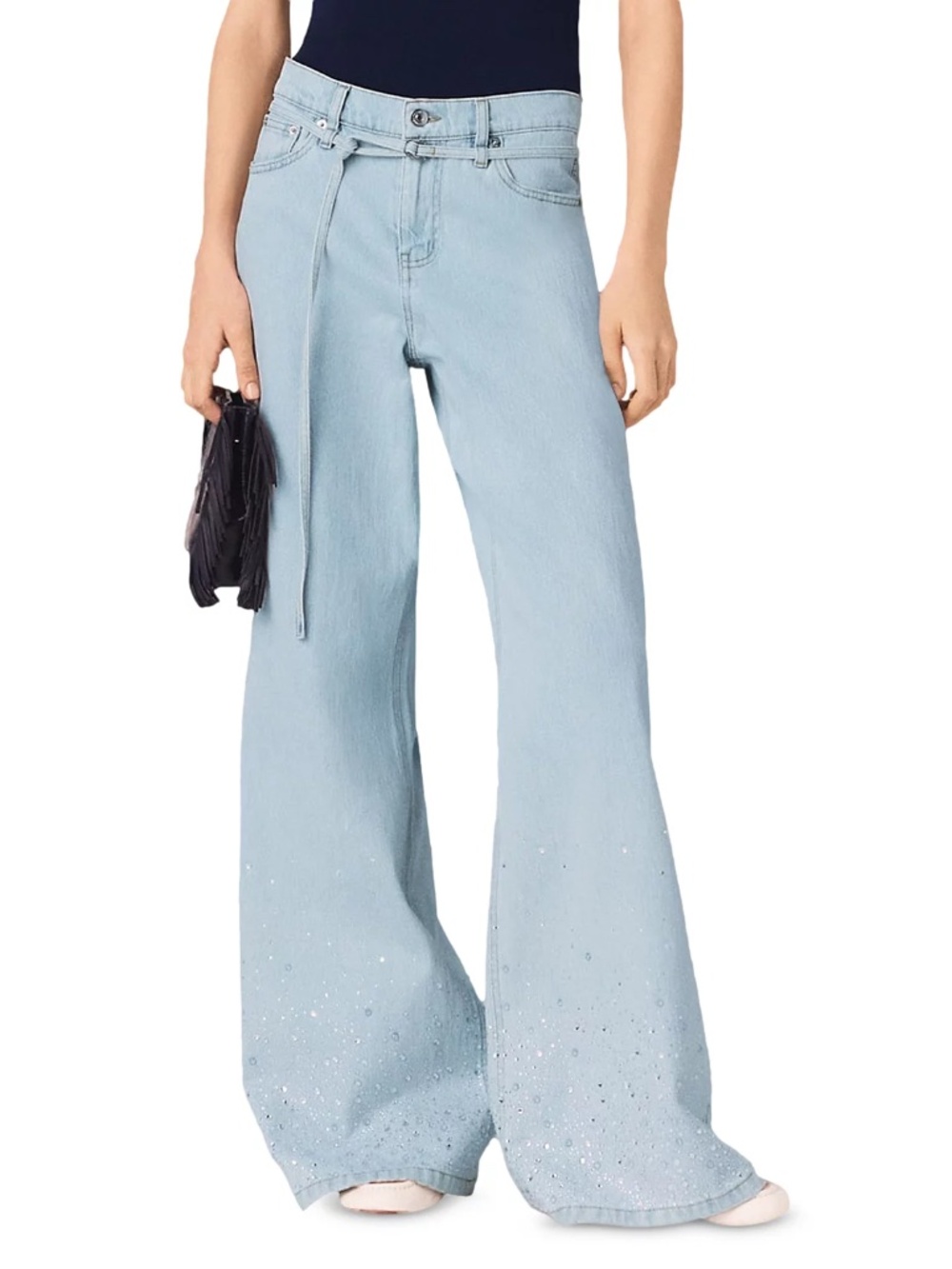 Pyrosa High Rise Wide Leg Rhinestone Jeans in Blue Sky